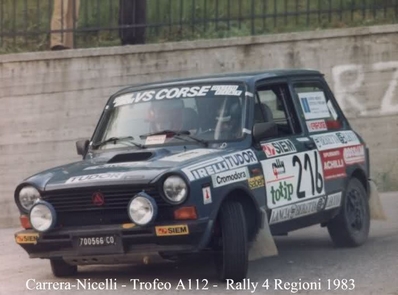 Carrera - Nicelli
13º Rally 4 Regioni 1983. Autobianchi. Abandonó.

Del 12 al 14 de Mayo, Salice Terme, Lombardia, Italia.
Superficie: asfalto.

El Rally constaba de dos etapas y 26 tramos cronometrados.

Tomaron la salida 79 eqyuipos, finalizaron 35.@
Palabras clave: Autobianchi;Rally_4Regioni;1983