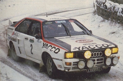 Bernard Darniche - Alain Mahé
36º Rallye Lyon-Charbonnières 1984. Audi Quattro A2, (7149 RR 74). Clasificado 1º.

Del 2 al 4 de Marzo, Lyon, Charbonnières-les-Bains, Alvèrnia, Roine-Alps, Francia.
Superficie: asfalto. 
Tomaron la salida 160 equipos, finalizaron 44.@
Palabras clave: ;Audi;Quattro;Grupo_B;Lyon-Charbonnieres;1984;Nieve