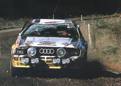 Hannu Mikkola - Arne Hertz
14º Sanyo Rally de Nueva Zelanda 1984. Audi Quattro A2 (IN-YD 29). Clasificado 3º.

Del 23 al 26 de Junio, Auckland, Nueva Zelanda.
Superficie: tierra.

El Rally tenia un total de 2626 km de los que 1044 km divididos en 45 tramos eran especiales.

Tomaron la salida 63 equipos, finalizaron 35.@
Palabras clave: ;Crash;Audi;Quattro;Grupo_B;1984