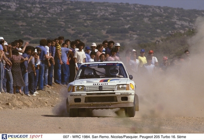 Jean-Pierre Nicolas - Charley Pasquier
26º Rallye San Remo 1984. Peugeot 205 Turbo 16 (123 FBL 75). Clasificado 5º.
Peugeot Talbot Sport

Del 30 de Septiembre al 5 de Octubre, Sanremo, Liguria, Imperia, Italia.
Superficie: asfalto -tierra.

El Rally tenia un total de 2546.29 km de los que 807.69 km divididos en 56 tramos eran especiales, (2 de ellas fueron canceladas SS7 Sante Luce de 12,30 km y SS26 Chiusdino 2 de 17,41 Km).

Se inscribieron 104 equipos, tomaron la salida 100, finalizaron 35.@
Palabras clave: Peugeot;Turbo;Grupo_B;Sanremo;1984