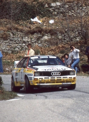 Bernard Darniche - Alain Mahé
5º Rallye des Garrigues 1984. Audi Quattro A2 (IN-NR 64). Clasificado 6º.
Yacco

Del 30 al 31 de Marzo, Nîmes, Gard, Francia.
Superficie: asfalto.

El Rally tenia un total de 600 km de los que 366.10 km divididos en 18 tramos eran cronometrados.

Tomaron la salida 102 equipos, finalizaron 44.@
Palabras clave: Audi;Quattro;Garrigues;Grupo_B;1984