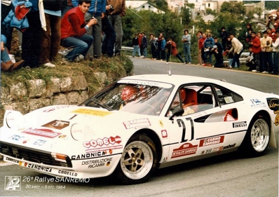 Rossano Chiossi - Chiossi
26º Rallye Sanremo 1984. Ferrari 308 GTB. Abandonó.
Scuderia City Corse

Del 30 de Septiembre al 5 de Octubre, Sanremo, Liguria, Imperia, Italia.
Superficie: asfalto -tierra.

El Rally tenia un total de 2546.29 km de los que 807.69 km divididos en 56 tramos eran especiales, (2 de ellas fueron canceladas SS7 Sante Luce de 12,30 km y SS26 Chiusdino 2 de 17,41 Km).

Se inscribieron 104 equipos, tomaron la salida 100, finalizaron 35.@
Palabras clave: Ferrari;GTB;Grupo_B;Sanremo;1984