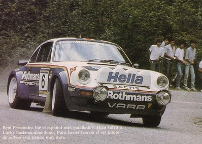 Benigno (Beny) Fernández - José Luis Sala
21º Rally Principe de Asturias 1984, Porsche 911 SC RS (6553 RS 64). Abandonó por pérdida de aceite en SS18 Estrecha de 20.00.km.

Del 21 al 23 de Septiembre, Oviedo, Asturias, España.
Superficie: asfalto.

El Rally tenia un total de 1139.47 km de los que 357.5 km divididos en 28 tramos eran especiales.

Tomaron la salida 67 equipos, finalizaron 37.@
Palabras clave: ;Asturias;Porsche;Grupo_B;1984
