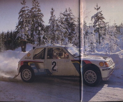 Ari Vatanen - Terry Harryman
35º Internacional Suecia Rally 1985. Peugeot 205 Turbo 16 (716 EXC 75). Clasificado 1º.

Del 15 al 17 de Febrero, Karlstad, Suecia.
Superficie: nieve - hielo.

El Rally tenía un total de 1642.00 km de los que 513.68 km divididos en 29 tramos eran especiales.

Tomaron la salida 115, finalizaron 56.@
Palabras clave: ;Suecia;Grupo_B;Peugeot;Turbo;1985;nieve