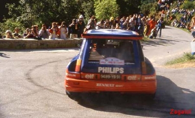 Jean Ragnotti - Pierre Thimonier
29º Tour de Corse - Rallye de France 1985. Renault 5 Maxiturbo (9489 YB 91). Clasificado 1º.

Del 2 al 4 de Mayo, Ajaccio, Córcega, Francia.
Superficie: asfalto.

El Rally tenia un total de 1603.00 km de los que 1122.25 km divididos en 30 tramos eran especiales (1 de ellos fue cancelado, SS5 Sartene - Zonza de 44.23 km, por el fatal accidente de Attilio Bettega en el tramo anterior, SS4 Zerubia - Santa Giulia de 30.60 km).

Tomaron la salida 139 equipos, finalizaron 45.@
Palabras clave: ;Pierre_Thimonier;Renault;Maxiturbo;Grupo_B;Corcega;1985;Corse