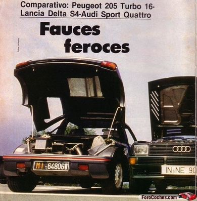 Peugeot 205 Turbo 16 & Lancia Delta S4 & Audi Sport Quattro
Comparativa de una revista Española de la época.
Palabras clave: 1985;Audi;Peugeot;Grupo_B