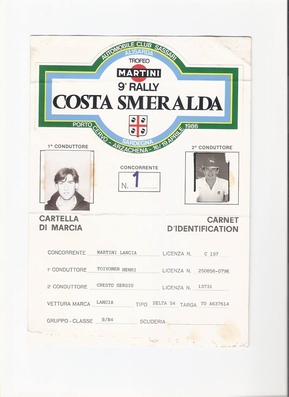 Henri Toivonen - Sergio Cresto
9º Rally Costa Smeralda 1986. Lancia Delta S4 (A6 37614). Clasificado 1º.

Del 16 al 18 de Abril, Porto cervo, norte de Cerdeña, Italia.
Superficie: tierra.

El Rally constaba de 546.00 Km cronometrados divididos en 35 tramos especiales.

Tomaron la salida 79 equipos, finalizaron 32.@
Palabras clave: Henri_Toivonen;Sergio_Cresto;Lancia;Delta;S4;Costa_Esmeralda;1986;Grupo_B;Smeralda