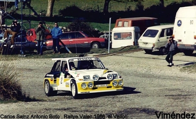 Carlos Sainz Cenamor - Antonio Boto
3º Rally Shalymar / Valeo 1986
(Cto. de España Rallyes de Asfalto)

1º Carlos Sainz - Antonio Boto
Renault 5 MaxiTurbo (VA-4650-M)
2:35.03

2º Salvador Servià - Jordi Sabater
Lancia Rally 037 (2M 6667 P)
2:36.14

3º Beny Fernández - José López Orozco
Opel Manta 400
2:38.52.

Del 15 al 16 de Noviembre, Madrid, España.
Superficie: asfal

El Rally constaba de 21 tramos cronometrados, desconocemos cuantos kilómetros totales.

Se inscribieron un mínimo de 63 equipos, finalizaron un mínimo de 48.
@
Palabras clave: ;Renault;Maxiturbo;Valeo;Madrid;1986;Grupo_B