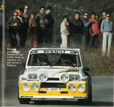 Carlos Sainz Cenamor - Antonio Boto
22º Rally Catalunya 1986. Renault 5 Maxiturbo (VA-4650-M). Clasificado 2º.
FASA Renault

Del 23 al 26 de Octubre, Barcelona, Catalunya, España.
Superficie: asfalto.

El Rally tenia un total de 1246.00 km de los que 417.00 km divididos en 30 tramos eran especiales.

Tomaron la salida 84 equipos, finalizaron 49.@
Palabras clave: ;Renault;Maxiturbo;Grupo_B;1986;Catalunya;España;Spain