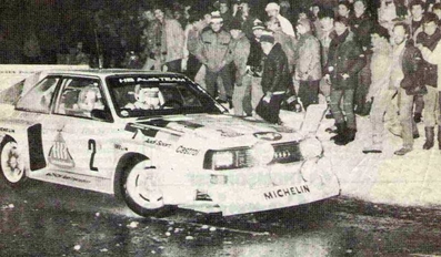Walter Röhrl - Christian Geistdörfer
54º Rallye Automobile de Monte-Carlo 1986. Audi Sport Quattro S1 E2 (IN-NL 23). Clasificado 4º.
Audi Sport

Del 18 al 24 de Enero, Monte-Carlo.
Superficie: asfalto - nieve.

El Rally tenía un total de 3984.00 km de los que 881.20 km divididos en 36 tramos eran especiales.

Tomaron la salida 156 equipos, finalizaron 65.@
Palabras clave: Audi;Quattro;Walter_Röhrl;Grupo_B;Sport;Montecarlo;1986