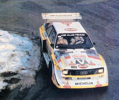 Walter Röhrl - Christian Geistdörfer
54º Rallye Automobile de Monte-Carlo 1986. Audi Sport Quattro S1 E2 (IN-NL 23). Clasificado 4º.
Audi Sport

Del 18 al 24 de Enero, Monte-Carlo.
Superficie: asfalto - nieve.

El Rally tenía un total de 3984.00 km de los que 881.20 km divididos en 36 tramos eran especiales.

Tomaron la salida 156 equipos, finalizaron 65.@
Palabras clave: Audi;Quattro;Walter_Röhrl;Grupo_B;Sport;Montecarlo;1986