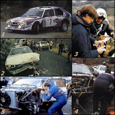 54º Rallye Automobile de Monte-Carlo 1986
Henri Toivonen y Sergio Cresto sufrieron un accidente durante un enlace de tramo con su Lancia Delta S4.

Chocaron de frente contra el coche de un aficionado en el Col de Moucheyre, entre Burzet y Antraigues, carretera estrecha y a la sombra.

Referente al coche contra el que chocó era un Ford Taunus. Según se dice, con ruedas lisas y tasa de alcohol del conductor... por las nubes.

FOTO 1
Podemos ver el Lancia Delta S4 ya reparado, aunque no en perfecto estado. Observar que le falta un trozo de guardabarro entre éste y la puerta. Fue una reparación in-situ en el sitio del golpe y lo justa para que Henri y Sergio siguieran en competición perdiendo el mínimo tiempo posible.

Según el mismo Henri Toivonen, una vez finalizada ésta reparación de urgencia, la dirección del S4 tiraba muchísimo hacia su izquierda, lo que hacía complicado -aún mas- su pilotaje.

FOTO 2
Se puede ver el estado en que quedó el coche del aficionado, (Ford Taunus), y detrás el Equipo Martini Lancia reparando el coche.

FOTO 3
Henri junto a un Gendarme durante lo que parece ser el proceso del papeleo para hacer el parte del accidente.

FOTO 4
Los mecánicos del Equipo Martini Lancia arreglando el Lancia. Aquí también podemos ver a un lado de la cuneta y por la parte trasera el coche contra el que chocaron, (Ford Taunus).

FOTO 5
Otro mecánico del Equipo Martini Lancia reparando el coche.

Henri y Sergio acabaron ganando el Rallye con 4' 04" de ventaja sobre Timo Salonen - Seppo Harjanne y su Peugeot 205 Turbo 16 E2.

El mismo Timo Salonen comentó sobre el ritmo endiablado que llevó Henri en éste Monte-Carlo
que:
"Seguir el ritmo de Henri Toivonen raya el suicidio"

Del 18 al 24 de Enero, Monte-Carlo.
Superficie: asfalto - nieve.

El Rally tenía un total de 3984.00 km de los que 881.20 km divididos en 36 tramos eran especiales.

Tomaron la salida 156 equipos, finalizaron 65.

Situación en Google Maps del lugar donde se produjo el choque: [/b][url=https://www.google.com/maps/@44.7372914,4.2930001,3a,75y,7.8h,70.62t/data=!3m6!1e1!3m4!1selMXdQK4Avj7P_jVRriQCA!2e0!7i13312!8i6656] [b][u]Google Maps.[/u][/b] [/url].
Palabras clave: Crash;Montecarlo;Henri_Toivonen;1986;Ford;Taunus
