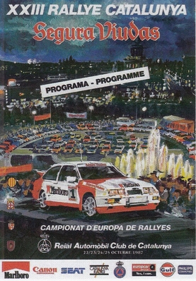 23º Rallye Catalunya 1987
"Segura Viudas"

Del 22 al 24 de Octubre, Barcelona, Girona, Catalunya, España.
Superficie: asfalto - tierra.

El Rally tenía un total de 359.31 km cronometrados divididos en 23 tramos.

Tomaron la salida 76 equipos, finalizaron 40.
Palabras clave: 1987;Programas;Catalunya