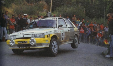 Jean Ragnotti - Pierre Thimonier
29º Rally Sanremo 1987. Renault 11 Turbo (4404 YB 91). Clasificado 3º.

Del 12 al 15 de Octubre, Sanremo, Ligúria, Imperia, Italia.
Superficie: asfalto - tierra.

El Rally tenia un total de 2097.02 Km de los que 561.11 km divididos en 41 tramos eran especiales (3 de ellos fueron cancelados, SS6 Casole de 8.27 km, SS8 Murlo de 9.12 km y SS3 Passo Turchino 13.73 km).

Tomaron la salida 125, finalizaron 55.@
Palabras clave: ;Renault;Turbo;Sanremo;1987
