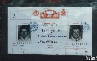 Jean Ragnotti - Pierre Thimonier
55º Rallye Automobile de Monte-Carlo 1987. Renault 11 Turbo (8416 YD 91). Clasificado 6º.
Philips Renault Elf

Del 17 al 22 de Enero, Monte-Carlo.
Superficie: asfalto - nieve.

El Rally tenia un total de 3162.00 km de los que 593.45 km divididos en 26 tramos eran especiales, (1 de ellos fue cancelado SS3 Les Egats - St. Luce de 13.50 Km).

Se inscribieron 163 equipos, tomaron la salida 160, finalizaron 93.@
Palabras clave: Renault;Turbo;Montecarlo;1987;detalles;Personajes