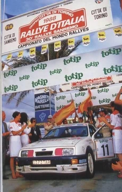 Carlos Sainz Cenamor - Luís Rodríguez Moya
30º Rallye Sanremo - Rallye d'Italia 1988. Ford Sierra RS Cosworth (D373 TAR). Clasificado 5º.
Ford Motor Co. Ltd.

Del 10 al 14 de Octubre, Sanremo, Liguria, Imperia, Italia.
Superficie: asfalto - tierra.

El Rally tenia un total de 2453.87 km de los que 564.96 Km divididos en 43 tramos eran especiales (4 de ellos fueron cancelados SS6 Superspeciale 2 de 2.18 Km, SS11 Tignai de 12.17 Km, SS13 Lanzo 2 de 6.38 Km y SS38 Angua 2 de 12.37 Km).

Se inscribieron 124 equipos, tomaron la salida 124, finalizaron 55.@
Palabras clave: Luis_Moya;Ford;Sierra;Cosworth;Sanremo;Italia;1988