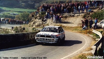 Gustavo Trelles - Daniel Muzio
27º Rallye Catalunya - Costa Brava - Rallye de España 1991. Lancia Delta Integrale 16V (TO 44774R). Abandonó por el embrague en SS32 La Creu de Lloret de 11.00 km.
Jolly Club

Del 10 al 13 de Noviembre, Lloret de Mar, Girona, Catalunya, España.
Superficie: asfalto - tierra.

El Rally tenia un total de 1606.98 km de los que 594.01 km divididos en 35 tramos eran especiales, (2 de ellas fueron canceladas SS4 Sant Hilari - Osor de 13.57 Km y SS29 Riera de Merles de 14.36 Km).

Tomaron la salida 76 equipos, finalizaron 33.@
Palabras clave: Lancia;Delta;Integrale;Catalunya;1991;España;Spain