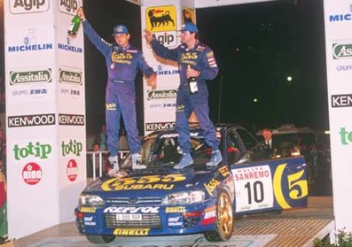 Carlos Sainz Cenamor - Luí­s Moya
36º Rallye Sanremo - Rallye de Italia 1994. Subaru Impreza 555 (L555 REP). Clasificado 2º.

Del 9 al 13 de Octubre, Sanremo, Liguria, Imperia, Italia.
Superficie: asfalto - tierra.

El Rally tenia un total de 2160.40 km de los que 526.03 km divididos en 26 tramos eran especiales (una de ellas fue cancelada SS17 Roncola de 9.40 km).

Se inscribieron 94 equipos, tomaron la salida 92, finalizaron 40.@
Palabras clave: ;Luis_Moya;Subaru;Impreza;Sanremo;1994;Personajes;Italia