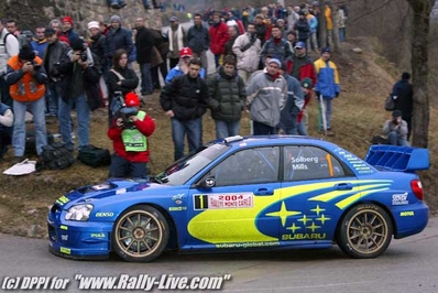Petter Solberg - Phil Mills
72º Rallye Automobile de Monte-Carlo 2004. Subaru Impreza S9 WRC 03 (S 400 WRT). Clasificado 7º.

Del 23 al 25 de Enero, Monaco.
Superficie: asfalto.

El Rally tenia un total de 1,331.92 Km de los que 389.12 Km divididos en 15 tramos, eran especiales (2 de ellos fueron cancelados SS1 Selonnet - Breziers 1 de 22.64 Km y SS10 Tourette du Chateau - St Antonin 2 de 24.80 Km. Uno de ellos se dio con tiempo de tramo teórico a todos los equipos, SS8 Tourette du Chateau - St Antonin 1 de 24.80 Km).

Se inscribieron 45 equipos, tomaron la salida 43, finalizaron 20.@
Palabras clave: Petter_Solberg;Phil_Mills;Subaru;Impreza;WRC;Montecarlo;2004