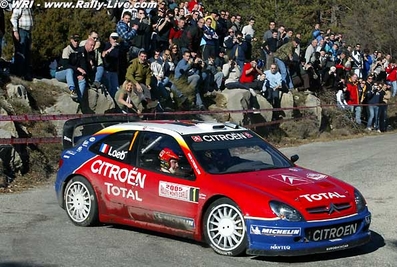 Sébastien Loeb - Daniel Elena
73º Rallye Automobile de Monte-Carlo 2005. Citröen Xsara WRC (584 DEX 78). Clasificado 1º.
Citroën Total WRT

Del 21 al 23 de Enero, Mónaco
Superficie: asfalto - nieve.

El Rally tenis un total de 1360.13 km de los que 353.07 km divididos en 15 tramos eran especiales.

Tomaron la salida 34 equipos, finalizaron 24.@
Palabras clave: Citroen;Xsara;WRC;Montecarlo;2005