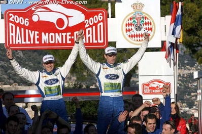 Marcus Grönholm - Timo Rautiainen
74º Rallye Automobile de Monte-Carlo 2006. Ford Focus RS WRC 06. Clasificado 1º.
El Rally tenia un total de 1,294.89 Km de los que 366.39 km divididos en 18 tramos eran especiales, (2 de ellas fueron canceladas SS3 Pierlas - Ilonse 1 de 23.22 Km y SS11 La Tour sur Tinee - Utelle 2 de 18.73 Km).
Se inscribieron 53 equipos, tomaron la salida 51, finalizaron 43.@
Palabras clave: ;Timo_Rautiainen;Ford;Focus;RS;WRC;Montecarlo;2006;Personajes